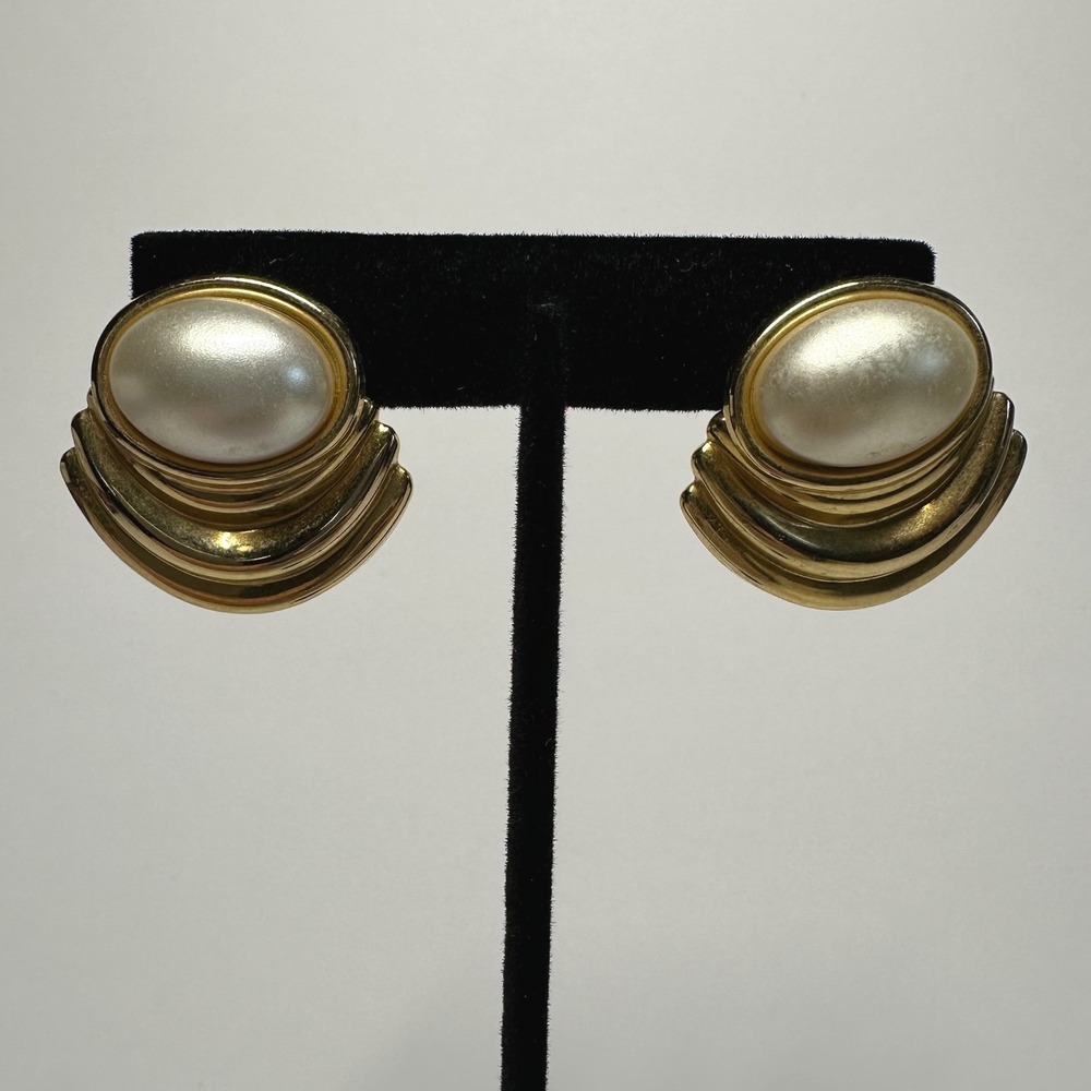 Vintage Gold Tone Faux Pearl Stud Earrings Tiered Fan Statement
